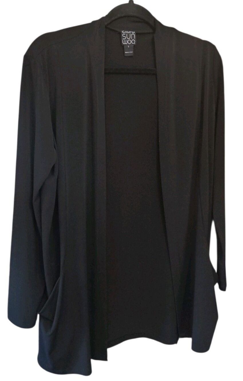 Clara Sun Woo Drape Tunic Cardigan Lightweight Travel Knit Black Large